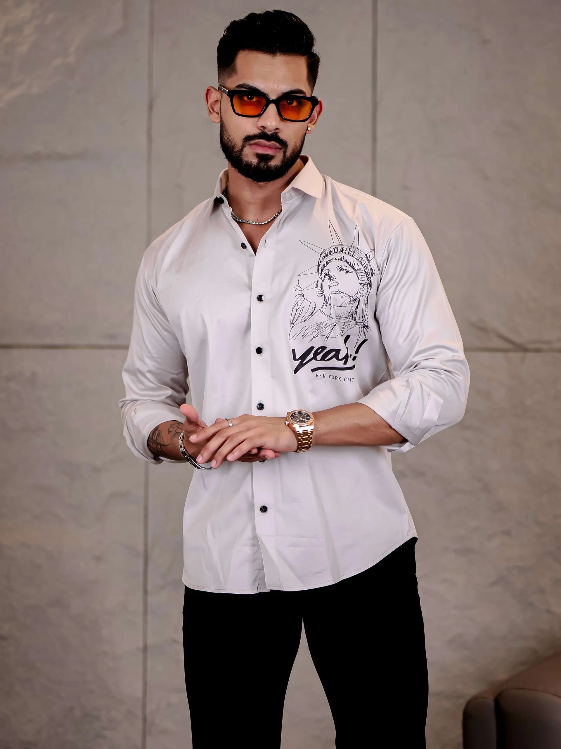 Grey Club Wear Statue of Liberty Printed Satin Cotton Shirt