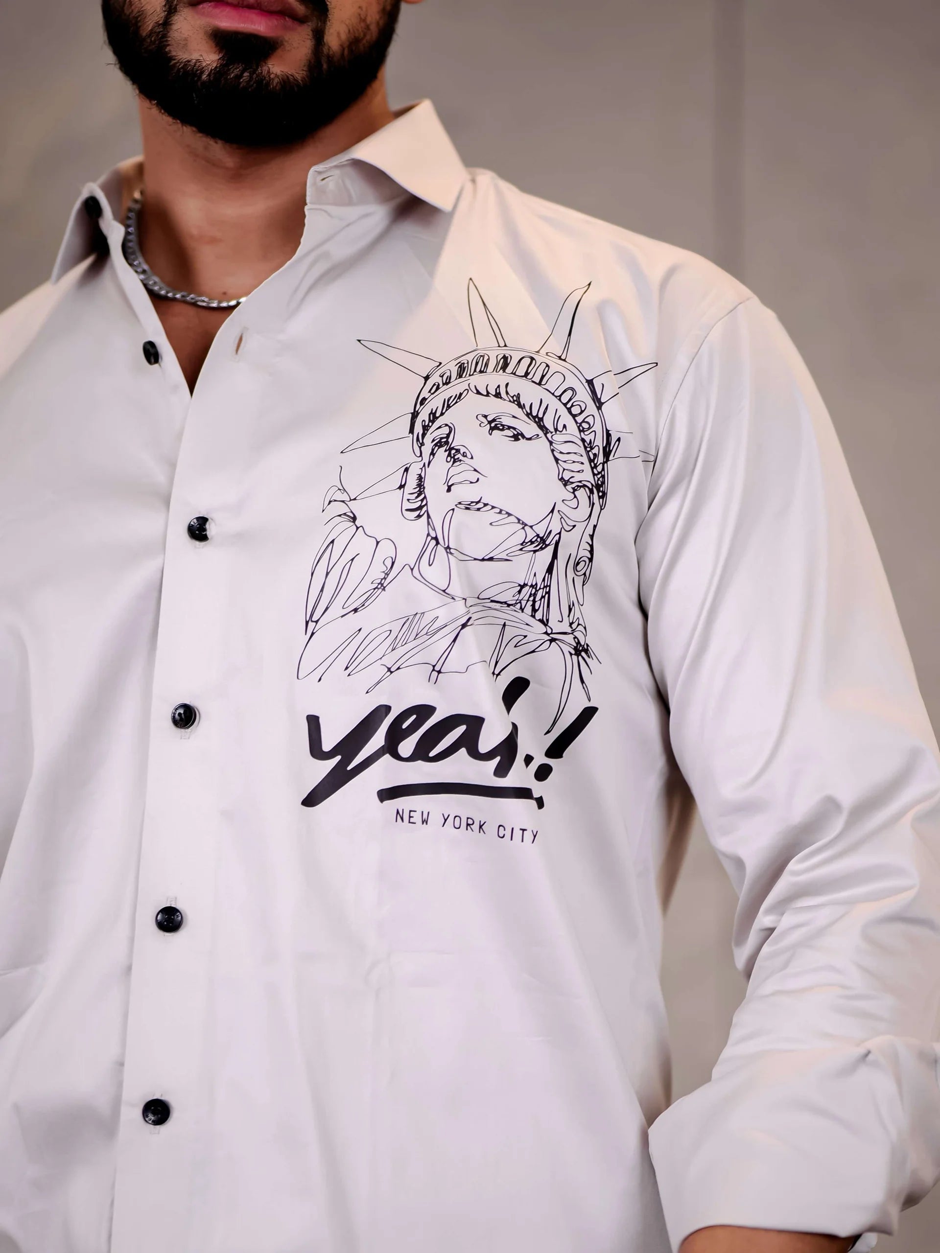 Grey Club Wear Statue of Liberty Printed Satin Cotton Shirt