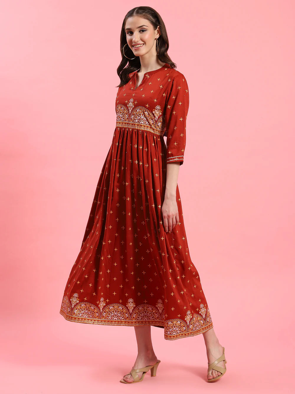 Women Rust Floral Printed Dress