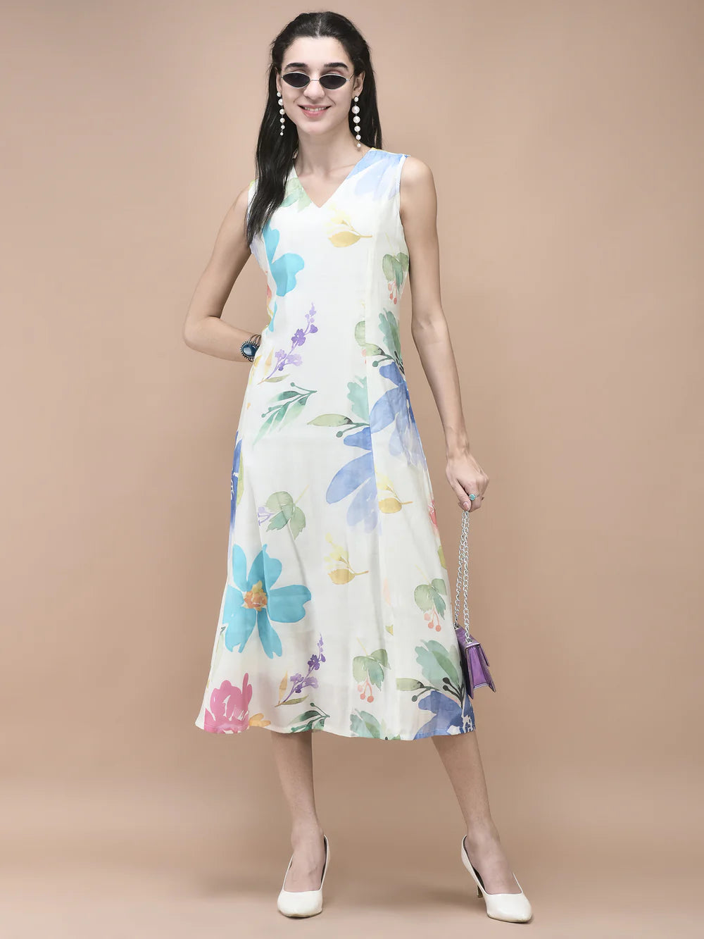 Women Chanderi Off White Floral Print Dress