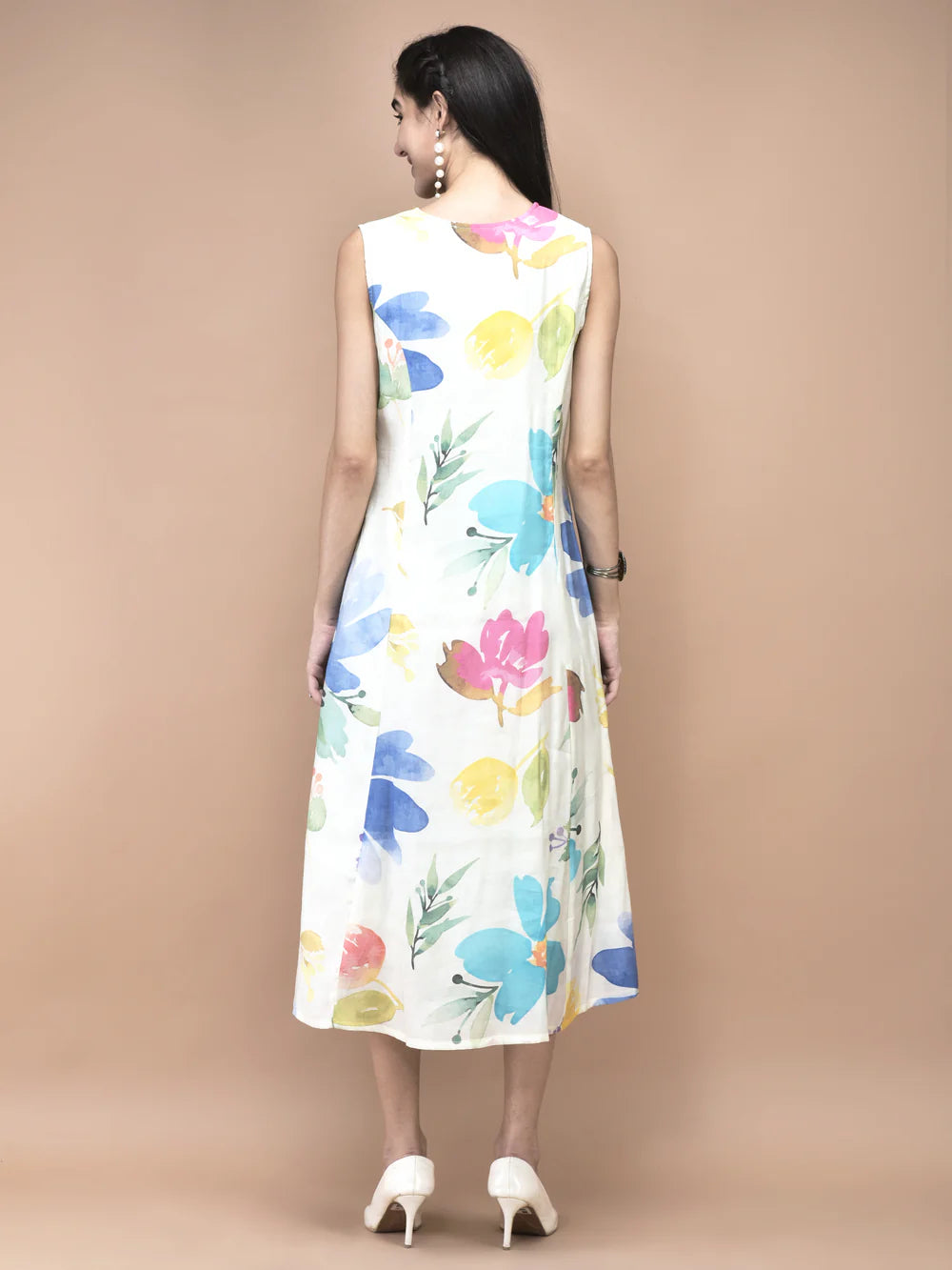 Women Chanderi Off White Floral Print Dress