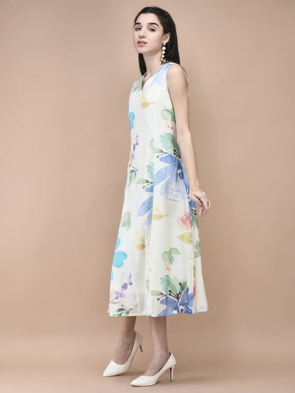 Women Chanderi Off White Floral Print Dress